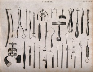 view Surgical instruments including scalpels and tourniquets. Engraving.