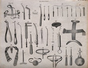 view Surgical instruments including trusses and tourniquets. Engraving with etching.