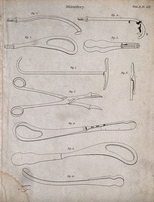 view Surgical instruments for midwifery. Engraving by Mutlow.