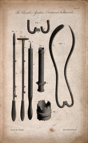 view Surgical instruments: obstetrical instruments designed by Paolo Assalini. Engraving by J.B. Taylor after C. Varley.