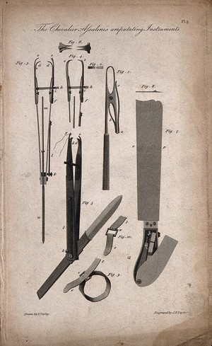 view Surgical instruments: amputating instruments designed by Paolo Assalini. Engraving by J.B. Taylor after C. Varley.