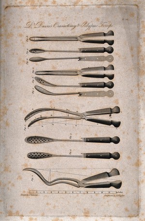 view Surgical instruments: Dr. Davis's craniotomy & polypus forceps. Engraving by J.B. Taylor after J. Clement.