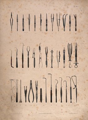 Surgical instruments. Coloured lithograph after a drawing by N.H. Jacob.