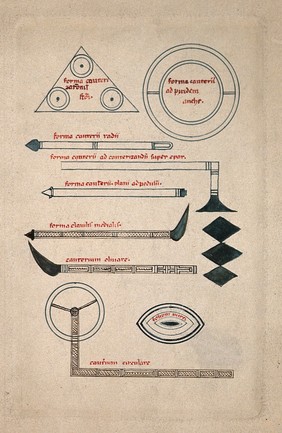 Surgical instruments, mainly cauterising needles and irons. Drawing with watercolour.