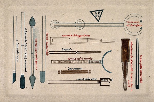 Surgical instruments, mainly cannulae and spatulas. Drawing with watercolour.