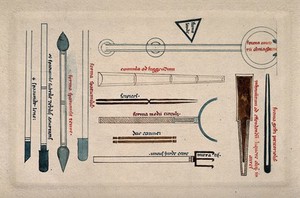 view Surgical instruments, mainly cannulae and spatulas. Drawing with watercolour.