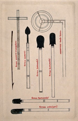 view Surgical instruments used for cauterising, mainly spatulas. Drawing with watercolour.