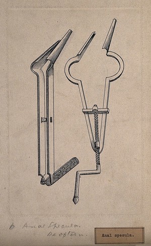 view Surgical instrument: an anal speculum. Drawing with watercolour.