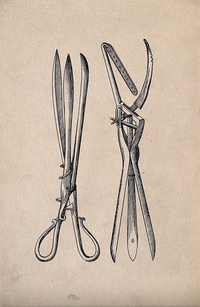 Surgical instrument. Drawing with watercolour.