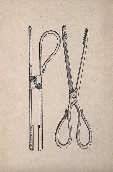 Surgical instruments. Drawing with watercolour.