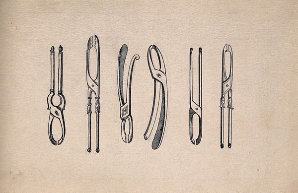 Surgical instruments. Drawing with watercolour.