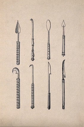 Surgical instruments, mainly spatulas and needles. Drawing with watercolour.