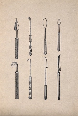 view Surgical instruments, mainly spatulas and needles. Drawing with watercolour.