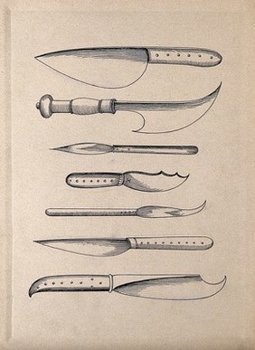 Surgical instruments: seven lancets etc. Pen and ink drawing, 1850/1910?.