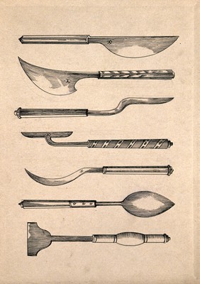 Surgical instruments: seven figures. Pen and ink drawing, 1850/1910?.