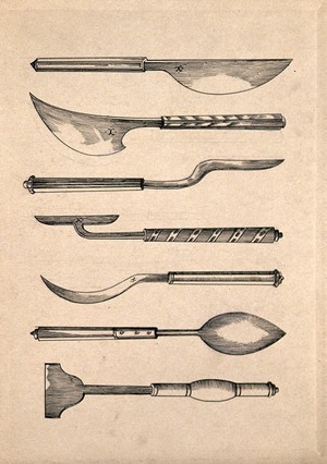 view Surgical instruments: seven figures. Pen and ink drawing, 1850/1910?.