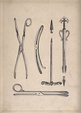 Surgical instruments, including forceps. Pen and ink drawing, 1850/1910?.