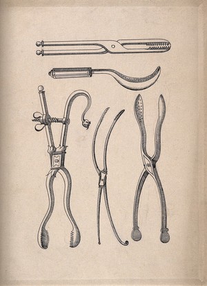 view Surgical instruments: five figures, including forceps. Pen and ink drawing, 1850/1910?.