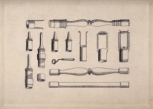 view Surgical instruments. Pen and ink drawing, 1850/1910?.