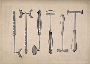 view Surgical instruments. Pen and ink drawing, 1850/1910?.