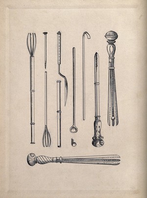 view Surgical instruments. Pen and ink drawing, 1850/1910?.