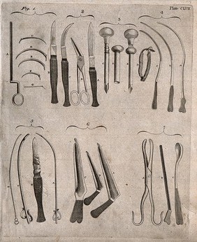 Surgical instruments, including lancets, needles and scissors. Engraving with etching, 1771.