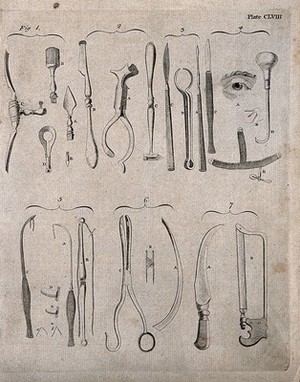 view Surgical instruments, including saws, scalpels and forceps. Engraving with etching, 1771.