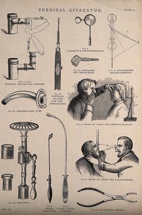 Surgical apparatus: includes demonstrations of an ophthalmoscope and a laryngoscope. Wood engraving, 1850/1880?.