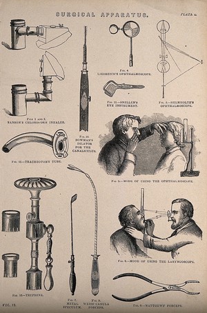 view Surgical apparatus: includes demonstrations of an ophthalmoscope and a laryngoscope. Wood engraving, 1850/1880?.