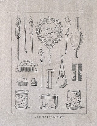 Ancient Roman (?) toilet accessories: sixteen figures, including combs, a mirror and various containers. Etching by A. Ottieri after V. Mollame, 18--?.
