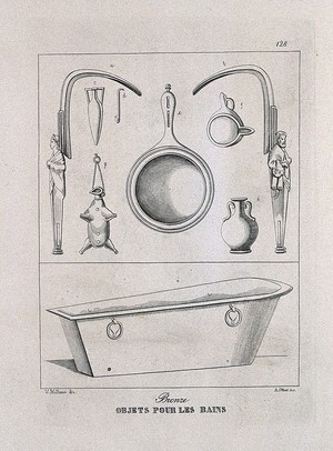 view Ancient Roman (?) bath and bathing accessories: nine figures, including scrapers and oil containers. Etching by A. Ottieri after V. Mollame, 18--?.