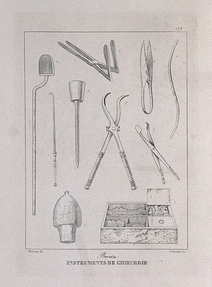 view Ancient Roman (?) bronze surgical instruments: ten figures. Etching by P. Amendola after V. Mollame, 18--?.