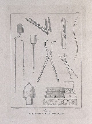 Ancient Roman (?) bronze surgical instruments: ten figures. Etching by P. Amendola after V. Mollame, 18--?.