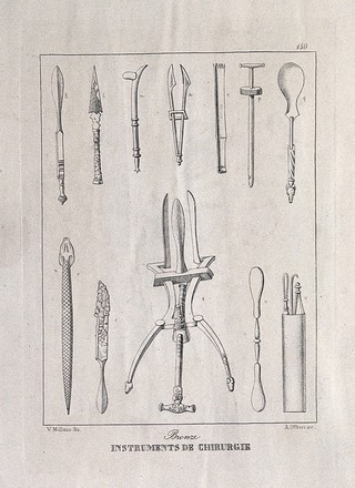 Ancient Roman (?) bronze surgical instruments: twelve figures, including a speculum. Etching by A. Ottieri after V. Mollame, 18--?.