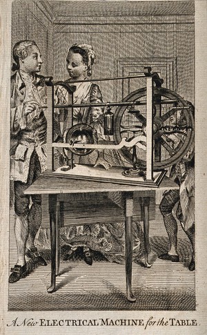 view An electrical machine: a man is shown demonstrating a table-top electrical machine to a young woman. Etching, 1760/1790.