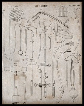 Surgical instruments and appliances: 25 figures. Engraving by W. H. Lizars after himself, 1830.