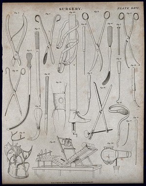 view Surgical instruments and appliances, including a bed with reading stand; 24 figures. Engraving by W. H. Lizars after himself, 1830.