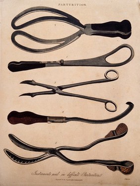 Surgical instruments for use in difficult childbirth procedures: five figures. Coloured engraving by J. Pass, 1821.