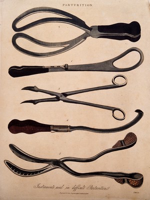 view Surgical instruments for use in difficult childbirth procedures: five figures. Coloured engraving by J. Pass, 1821.