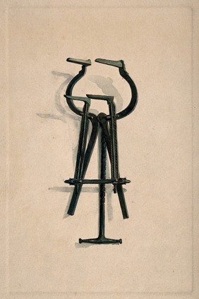 An ancient Roman surgical instrument. Watercolour, 1850/1910.