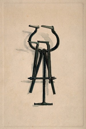 view An ancient Roman surgical instrument. Watercolour, 1850/1910.