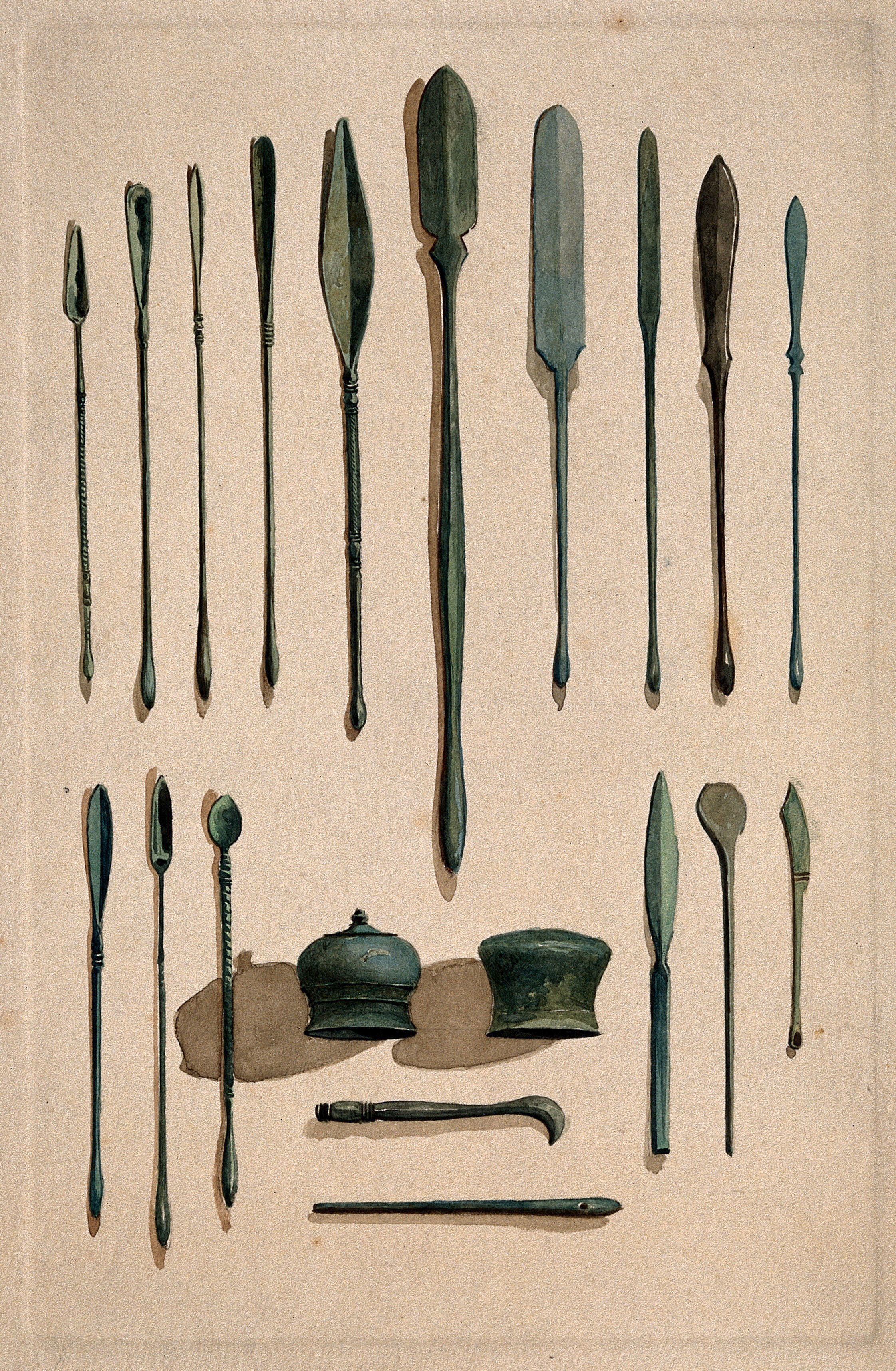 A selection of ancient Roman surgical instruments. Watercolour, 1850/
