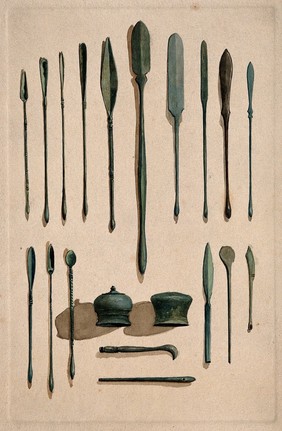 A selection of ancient Roman surgical instruments. Watercolour, 1850/1910.