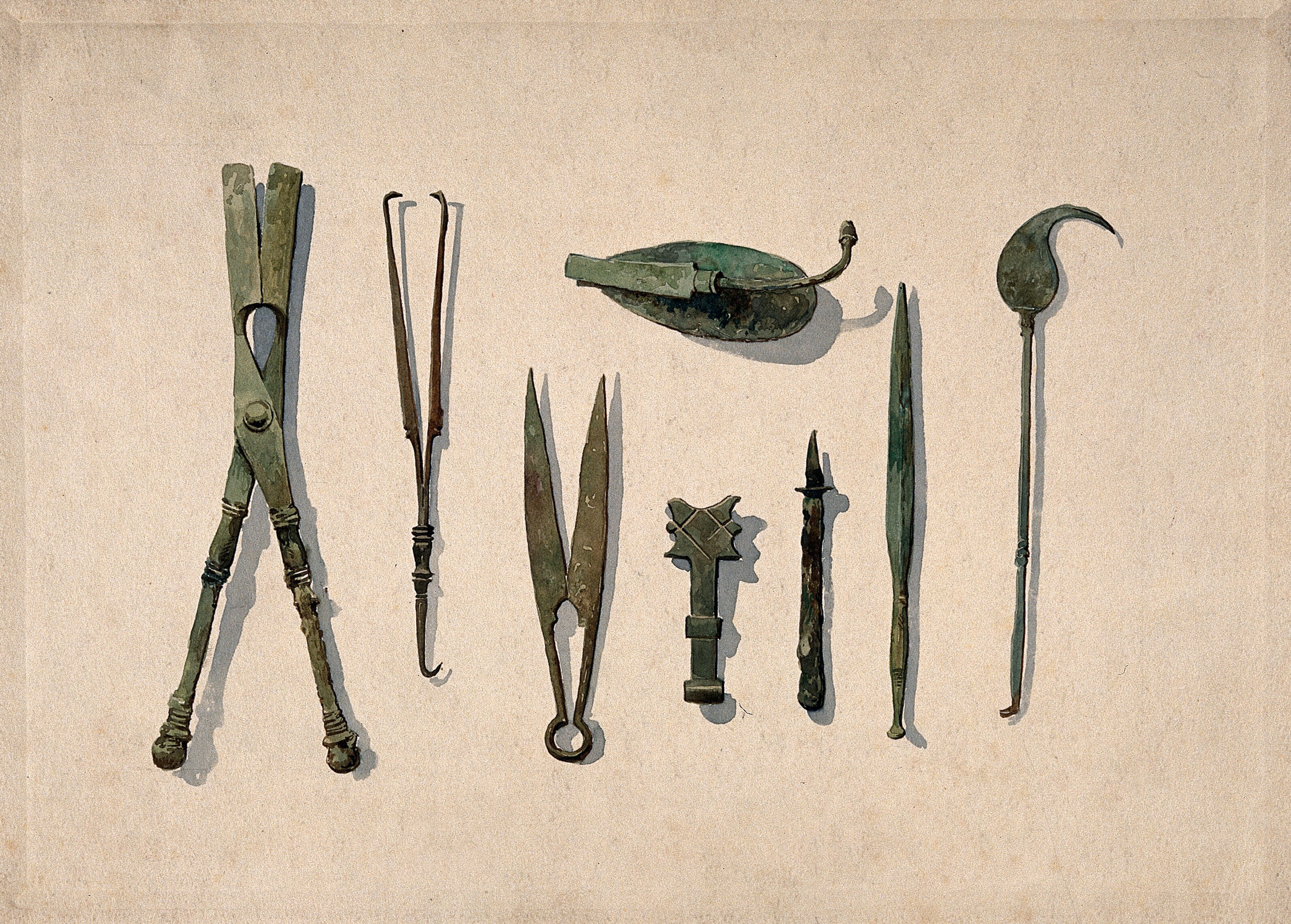 Eight ancient Roman surgical instruments. Watercolour, 1850/1910