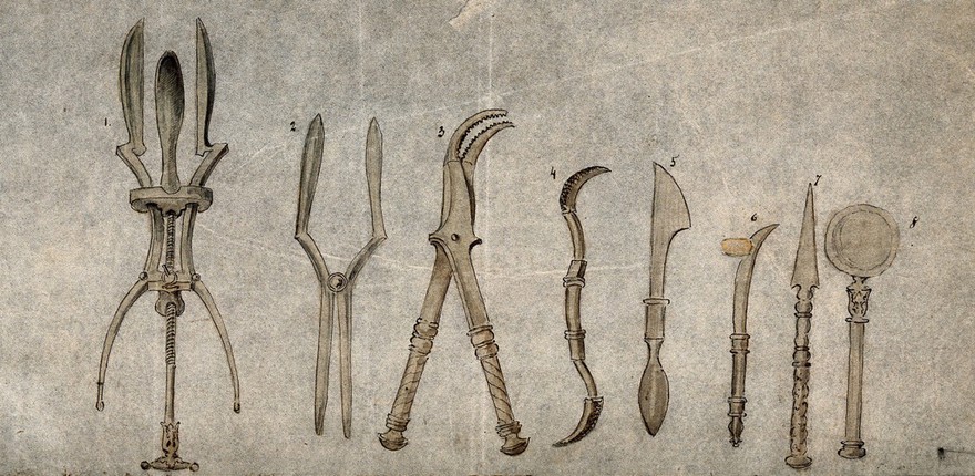 A selection of ancient Roman surgical instruments, discovered at Pompeii. Pen and ink with watercolour, 18--?.