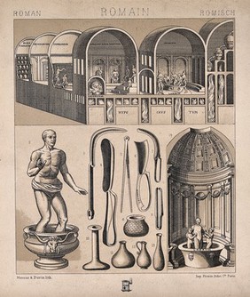 Public and private bathing facilities in ancient Rome: fourteen figures, including a public bath complex, Seneca standing in a small ornamental bath, a father and his children bathing together, and a selection of bathing implements and strigils. Lithograph by Massias and Durin, 1888.