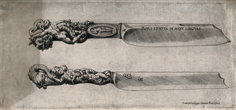 Two knives with ornate handles, incorporating human figures and ornament in the grotesque style. Engraving by C. Alberti, after F. Salviati, 1575/1600?., [1575/1600?], by Francesco Salviati