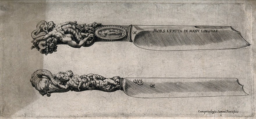 Two knives with ornate handles, incorporating human figures and ornament in the grotesque style. Engraving by C. Alberti, after F. Salviati, 1575/1600?.