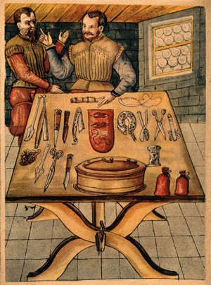 view Surgical instruments laid out on a table, for use in cataract and hernia operations during the mid 1500s, with two men in 16th century dress standing behind it. Colour facsimile process print after a 16th century manuscript, 1925.