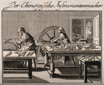 Surgical instrument-makers producing items in their workshop. Etching, 17--?.